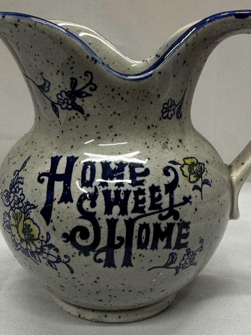 Vintage Home Sweet Home Speckled Pitcher and Saucer Set Blue Trim Japan Creamer